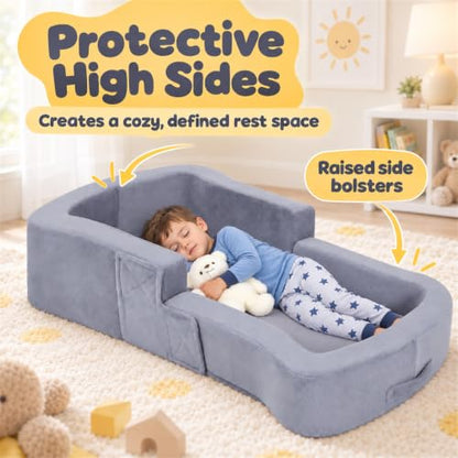 Portable Toddler Travel Bed - Foldable Kids Floor Bed with High Sides, Grey