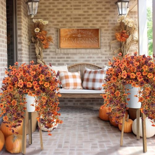 Artificial Fall Hanging Flowers Plants - Faux Silk Mums for Outdoor & Indoor Decor, 4 Pack - Fall Orange Brown