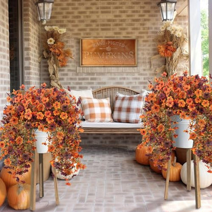 Artificial Fall Hanging Flowers Plants - Faux Silk Mums for Outdoor & Indoor Decor, 4 Pack - Fall Orange Brown