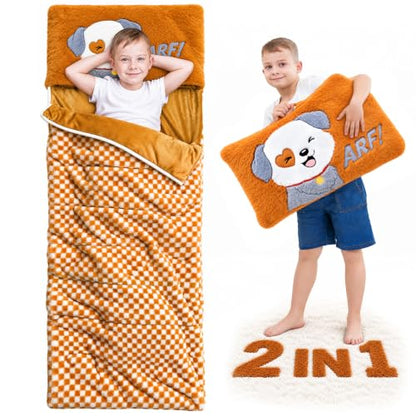 Kids Puppy Sleeping Bag - Brown 2-in-1 Nap Mat for Toddler Boy