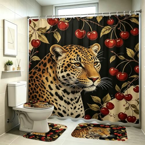 4-Piece Cherry Cheetah Bathroom Curtain Set with Rug and Accessories