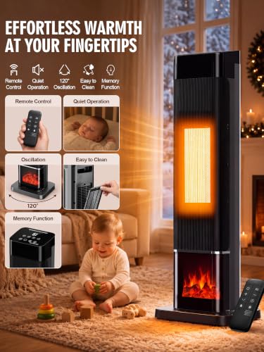 1500W Electric Space Heater for Large Rooms with 3D Flame, Oscillation, Thermostat & Timer