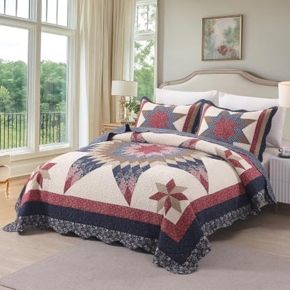 VCTOPS Vintage Star Patchwork Cotton Bedspread Quilt Set Navy Queen Variation