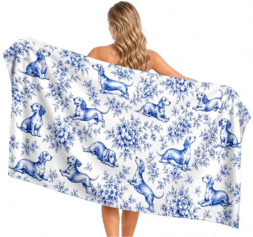 Dachshund Beach Towel 30x60 Inches - Blue Wiener Dog Pattern, Absorbent Microfiber for Pool & Beach