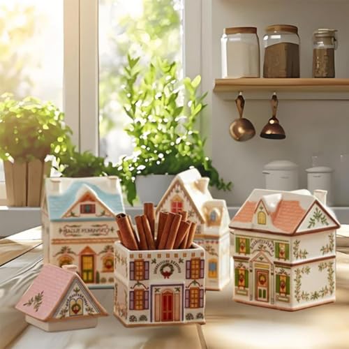 Christmas Village Spice House Set - Holiday Ceramic Decor for Kitchen & Tabletop, 6 Pieces