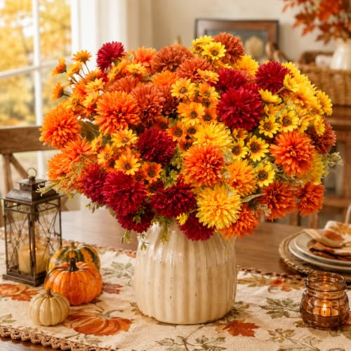 Artificial Fall Mums Flowers Set - 16 Pcs Indoor Outdoor Decor - A-16pcs