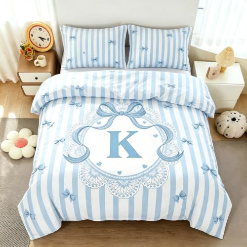 Blue Full Size 3-Piece Bedding Set for Kids with Striped Bow and Initial Letter K - Variation of Blue-K / Full