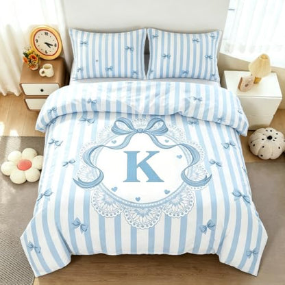 Blue Full Size 3-Piece Bedding Set for Kids with Striped Bow and Initial Letter K - Variation of Blue-K / Full