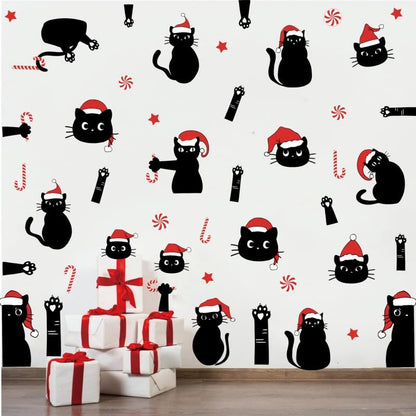 Christmas Black Cat Wall Decals - Candy Cane & Santa Hat Stickers for Holiday Decor