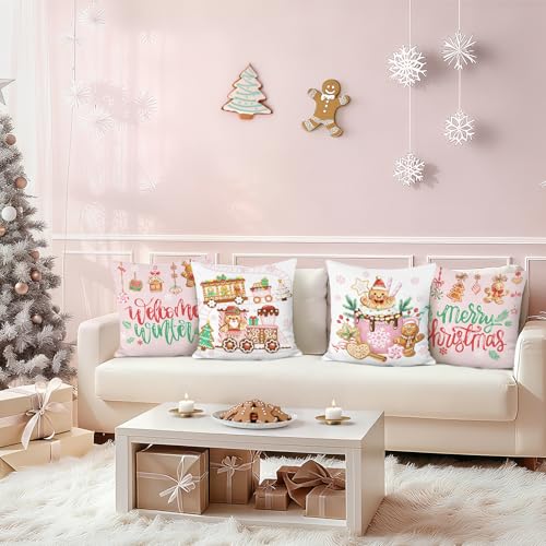 Christmas Gingerbread Throw Pillow Covers Set of 4 - Holiday Velvet Decorative Pillowcases 18x18 Inches