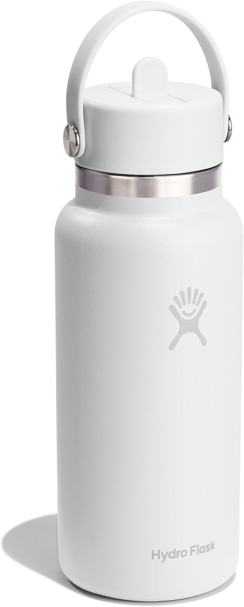 Hydro Flask Water Bottle - Insulated Stainless Steel with Wide Mouth Flex Straw Lid | 32 Oz Tonal White, Leakproof & Refillable