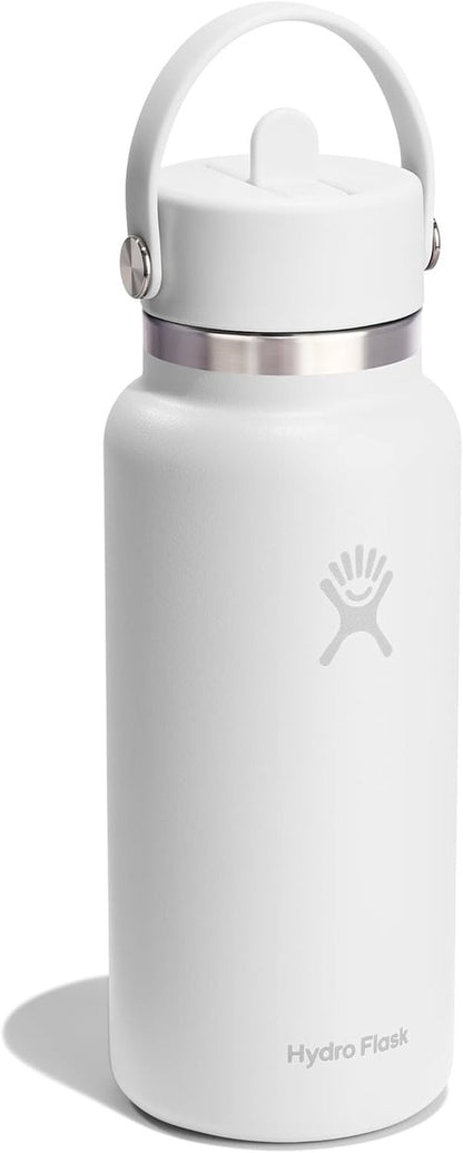Hydro Flask Water Bottle - Insulated Stainless Steel with Wide Mouth Flex Straw Lid | 32 Oz Tonal White, Leakproof & Refillable