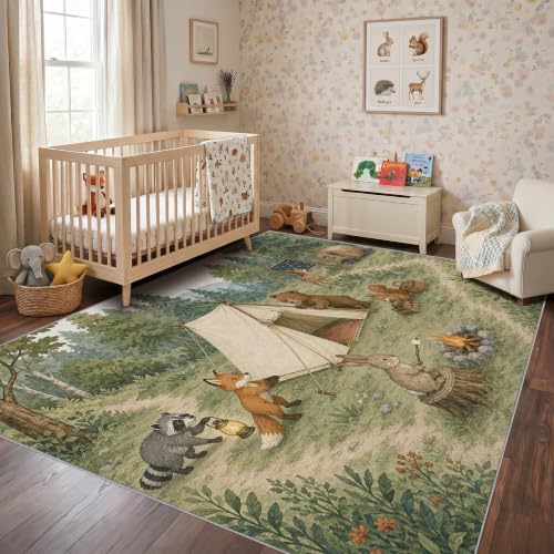 Sage Green and Cream Woodland Camping Area Rug 3x5 - Kids Playroom Decor