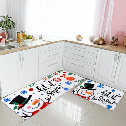 Christmas Snowman Bathroom Rugs Set - 20x47 & 16x24 Inches, Festive Tufted Decor