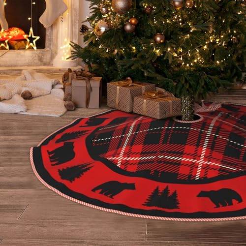 Faux Linen Christmas Tree Skirt Black Bear Red & Black Cabin Plaid 48" - Rustic Holiday Decor