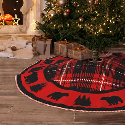 Faux Linen Christmas Tree Skirt Black Bear Red & Black Cabin Plaid 48" - Rustic Holiday Decor