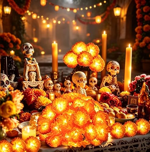 4-Pack Outdoor Artificial Marigold String Lights with 10 LEDs, for Diwali, Weddings, Halloween