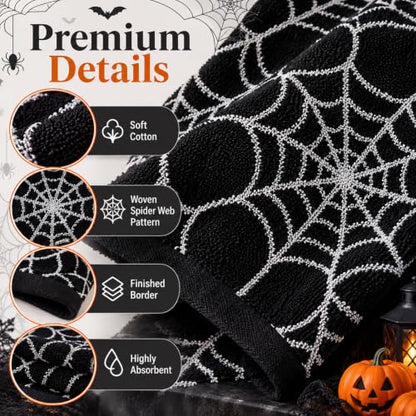 Halloween Cotton Towels Set of 3 with Spider Web Design - Black & White Decor