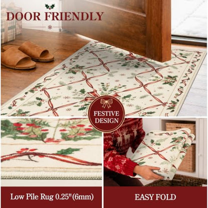 Morebes 2x6 Vintage Cream Red Christmas Runner Rug - Washable Entryway Mat