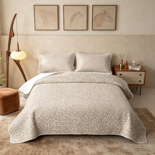 Beige Leopard 3-Piece Quilt Set King Bedding Microfiber All Season