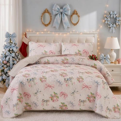 Christmas King Quilt Bedding Set with Bells & Bows Pattern - King Size 110x90