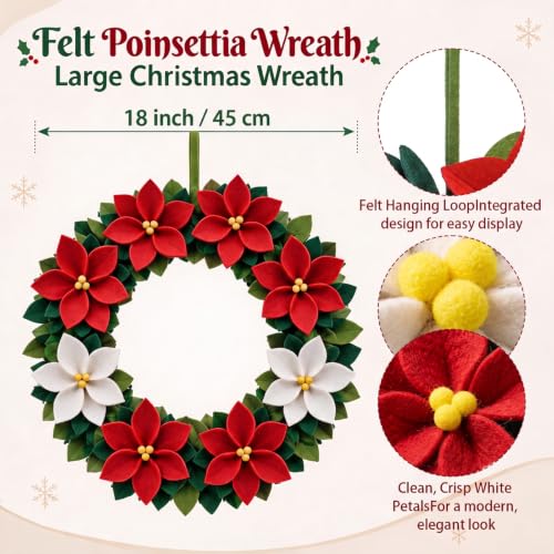 18-Inch Felt Poinsettia Wreath - Red & White Floral Holiday Decoration (Variation: Red / Red White Flower)