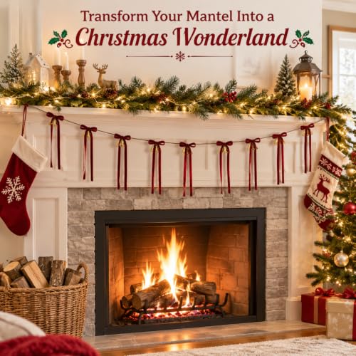 10 ft Christmas Velvet Bow Garland with Jingle Bells and Red Ribbon