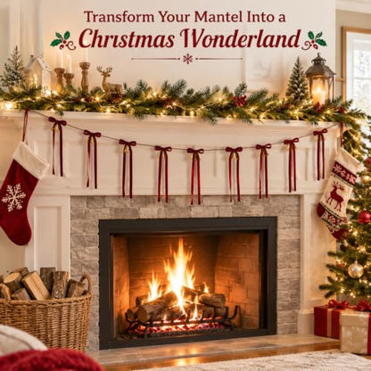 10 ft Christmas Velvet Bow Garland with Jingle Bells and Red Ribbon