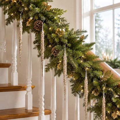 Gold Glass Glitter Icicle Ornaments Set of 6 - Christmas Tree Decor
