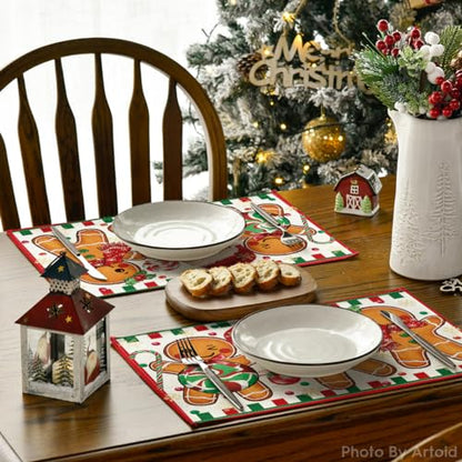 12x18 Inch Christmas Gingerbread Candy Cane Placemats Set of 8 - Holiday Table Decor