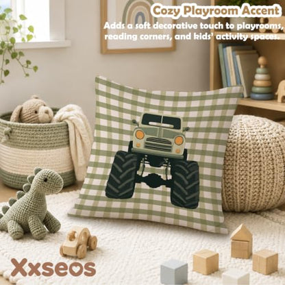 Monster Truck Room Decor Pillow Cover 18x18 Car Green for Boys Bedroom
