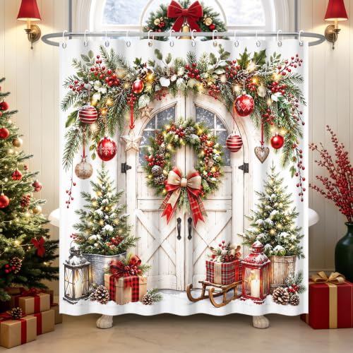 Farmhouse Christmas Wreath Shower Curtain - Rustic Wooden Door Pine Berry Ornament Lantern with Hooks - White Variation
