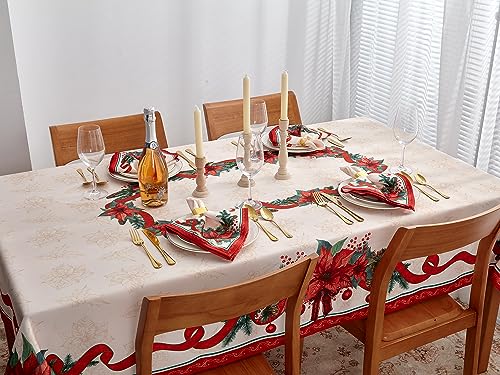 Christmas Poinsettia Ribbon Tablecloth 52 x 70 Inch Holiday Decor - Red & Green