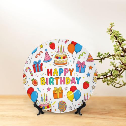 Happy Birthday Decorative Ceramic Plate with Stand - 6 Inch Wall or Table Display