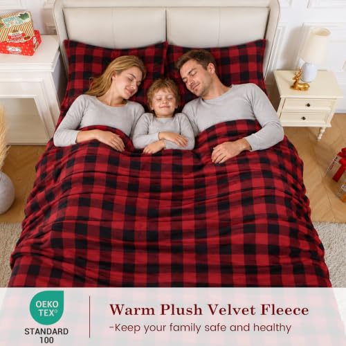 Rdbbuch Queen Plush Micro Fleece Buffalo Plaid Bed Sheet Set - Holiday Winter Flannel, Deep Pocket