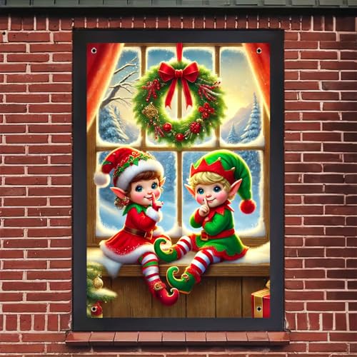 Christmas Window Banner Cover 32x47 Inch - Red Elf Scene Holiday Decor