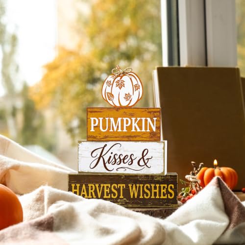 Fall Pumpkin Wooden Block Signs Set with Heartwarming Message - Autumn Decor