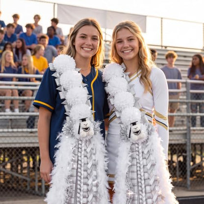 50-Inch Homecoming Mum Sash Flowers with Teddy Bear Bow Silver White