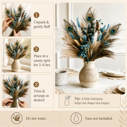 Teal Blue Turquoise Boho Bouquet with Dried Pampas Grass - 75 Pcs