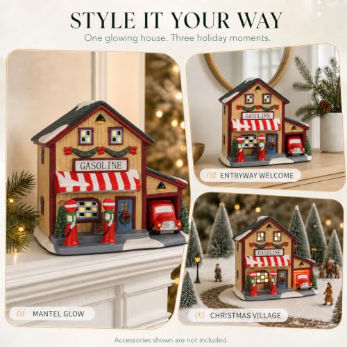 Christmas Village Houses Lighted Gas Station Ceramic Decor - Gasoline Variation