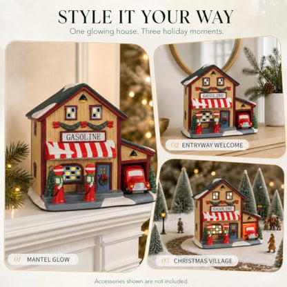 Christmas Village Houses Lighted Gas Station Ceramic Decor - Gasoline Variation
