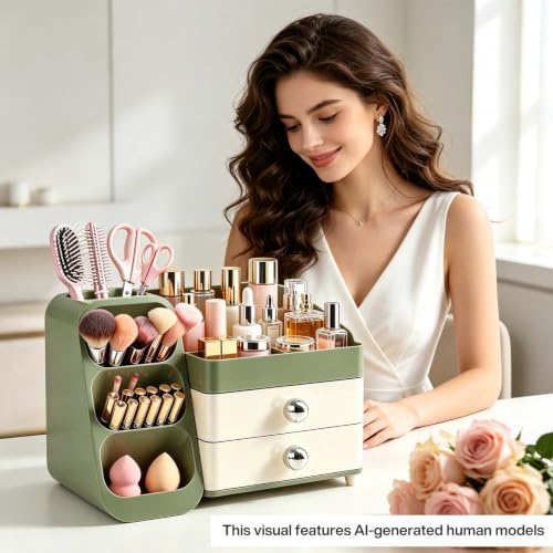 Large Capacity Makeup Organizer with Brush Holder - Green