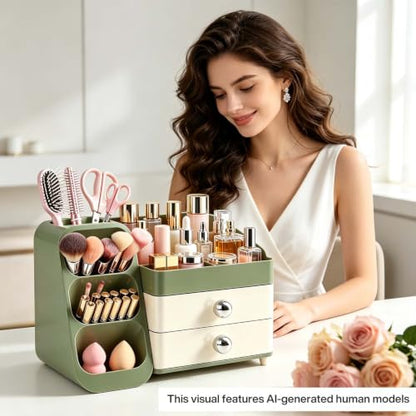 Large Capacity Makeup Organizer with Brush Holder - Green