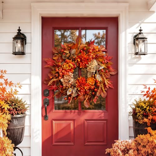 Autumn Harvest Wreath for Front Door - 26 Inch Fall Decor with Orange Dahlias & Maple Leaves