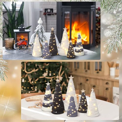 Gray Yarn Cone Christmas Trees with LED Lights & Star Centerpiece - Set of 6