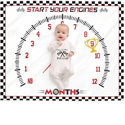 Gicoherero Racing Car Baby Monthly Milestone Blanket for Boy Little Monthly Growth Chart Sports Nursery Blanket 1 to 12 Months Photography Backdrop Prop for Newborn Baby Boy Soft Plush Fleece