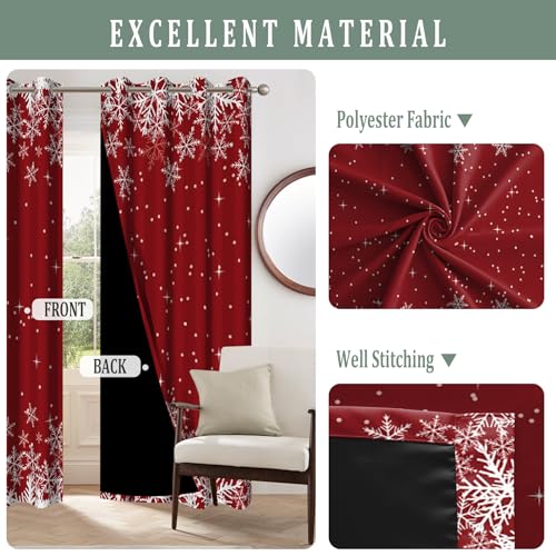 Blackout Christmas Snowflake Curtains for Bedroom & Living Room - Red, 42x63 Inches, Pack of 2