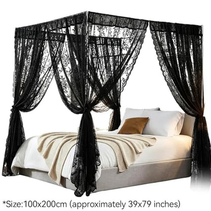 Black Lace Canopy Bed Curtains Set - 8 Pieces 39x79 Inch for Queen & King Bed