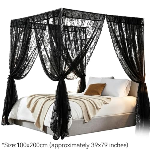 Black Lace Canopy Bed Curtains Set for Queen Bed - 39x79 Double Layer Drape with 4 Openings