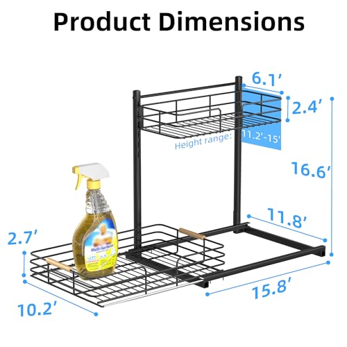 Delamu 1Pack Under Sink Organizer, Adjustable Height Under Sink Organizers and Storage, Metal Under Kitchen Sink Organizer, Under Sink Storage for Bathroom Cabinet, Undersink Organizers Kitchen, Black